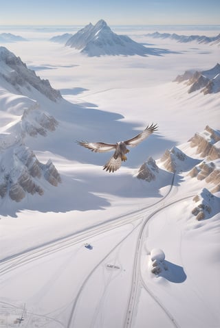 Photorealistic image, ((masterpiece, high quality of detail, UHD 8K)), of a realistic falcon in full flight, large wingspan, white feather color, flying over snowy mountains camera seen from the air, very sharp image