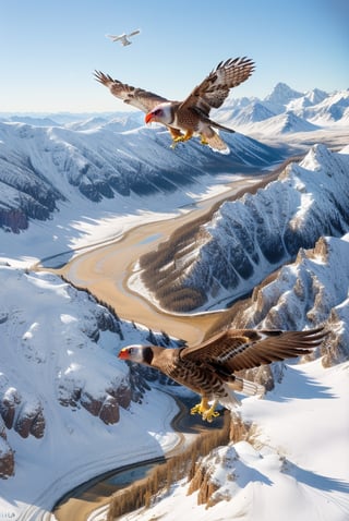 Photorealistic image, ((masterpiece, high quality of detail, UHD 8K)), of a realistic falcon in full flight, large wingspan, white feather color, flying over snowy mountains camera seen from the air, very sharp image