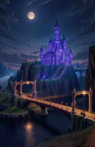 by day, epic fantasy castle, with bridge, torches along the bridge, (((an army of paladins guarding it))), moonlit, realistic photography, masterpiece, high quality UHD 8K