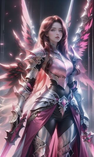 Character design, 1 girl, warrior of Xian, slim body, medium chest, skinny waist, ((long deep red hair)). blue eyes. (((pink fantasy a female knight in a pink full armor))), (((big pauldrons, intricate details))), (((large armor wings))), (((advanced weapon fantasy plasma sword in right hand))), (standing), plain gray background, masterpiece, HD high quality, 8K ultra high definition, ultra definition,