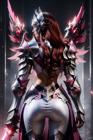 Character design, 1 girl, warrior of Xian, slim body, medium chest, skinny waist, ((long deep red hair)). blue eyes. (((pink fantasy a female knight in a pink full armor))), (((big pauldrons, intricate details))), (((large armor wings))), (((advanced weapon fantasy plasma sword in right hand))), (standing), (((back body view))) plain gray background, masterpiece, HD high quality, 8K ultra high definition, ultra definition,Masterpiece