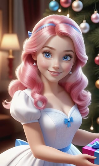 Super realistic 8K UHD image (((Masterpiece))), (((Best quality))), ((ultra definition)), of a beautiful and smiling 3d Disney girl, blue eyes. pink hair. little white dress, opening Christmas presents next to the tree in the living room, 1 excited girl, bright pretty face