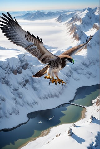 Photorealistic image, ((masterpiece, high quality of detail, UHD 8K)), of a realistic falcon in full flight, large wingspan, white feather color, flying over snowy mountains camera seen from the air, very sharp image