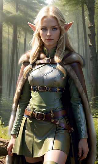 Photorealistic image ((Masterpiece)), ((high quality)) UHD 8K, of a beautiful girl, Viking elf warrior, slim, tall, (long elf ears), (medium chest), (skinny waist), (hair long blonde), (deep blue eyes), ((Leather armor with short green skirt and intricate details, Various belts at waist), (Arrow holster at waist), ((fur cape)), (on the forest), Natural lighting, professional DSLR camera,pikkyhighelf,high_elf_archer