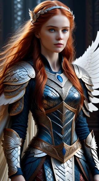 Photorealistic image ((Masterpiece)), ((high quality)) UHD 8K, of a real Viking goddess FREIYA, beautiful, slim, full body, (freckles on face), (long red hair), (blue eyes ), (((Hyper-realistic full armor, with ivory-white metal and intricate details))), (((helmet with large wings))), ((long feather cape)), (in guardian position, in Asgard), Photo realistic, natural lighting, professional DSLR camera,F41Arm0rXL ,F41Arm0r