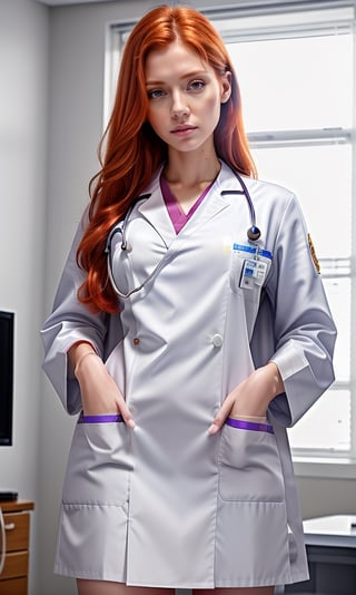 super realistic image, high quality uhd 8K, of 1 girl, detailed realistic ((slim body, high detailed)), (tall model), redhead, long ginger hair, high detailed realistic skin, ((ICU emergency doctor white uniform)), real vivid colors, standing,LABCOAT OVER SCRUBS