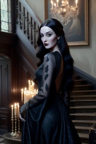 Photorealistic image ((Masterpiece)), ((High quality)) UHD 8K, of a woman Realistic, Morticia adams, Thin, tall, (pale skin, black lips), (Medium chest), (Skinny waist), (Hair long and dark), (Black eyes, black eye shadow), ((chandelier with lit candles in right hand)), ((long dress with black neckline, intricate details)), ultra-realistic full body, (on some stairs of a gloomy and somber mansion ), photo realistic, natural lighting, professional DSLR camera