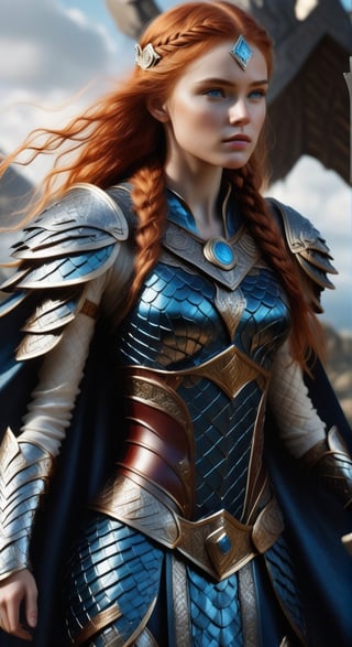 Photorealistic image ((Masterpiece)), ((high quality)) UHD 8K, of a real Viking goddess FREIYA, beautiful, slim, full body, (freckles on face), (long red hair), (blue eyes ), (((Hyper-realistic full armor, with ivory-white metal and intricate details))), (((helmet with large wings))), ((long feather cape)), (in guardian position, in Asgard), Photo realistic, natural lighting, professional DSLR camera,F41Arm0rXL 