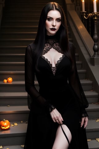 Photorealistic image ((Masterpiece)), ((High quality)) UHD 8K, of a woman Realistic, Morticia adams, Thin, tall, (pale skin, black lips), (Medium chest), (Skinny waist), (Hair long and dark), (Black eyes, black eye shadow), (((candlestick of lit candles in right hand))), ((long dress with black neckline, intricate details)), ultra-realistic full body, (on some stairs of a gloomy and somber mansion ), photo realistic, natural lighting, professional DSLR camera,horror,Jack o 'Lantern