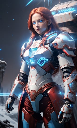 Photorealistic image ((Masterpiece)), ((high quality)) UHD 8K, of a beautiful, slim and realistic mecha transforming Robot, (medium chest), (skinny waist), (long red hair), (blue eyes), ((Hyper-realistic mecha armor, with red metal and intricate ice blue lights)), (in combat position, in a futuristic ship, science fiction