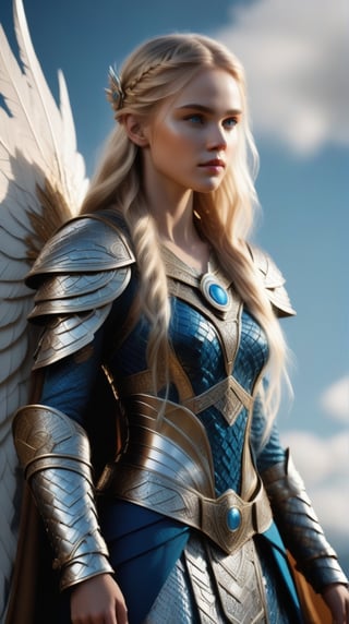 Photorealistic image ((Masterpiece)), ((high quality)) UHD 8K, of a real Viking goddess FREIYA, beautiful, slim, full body, (freckles on face), (long blonde hair), (blue eyes ), (((Hyper-realistic full armor, with ivory-white metal and intricate details))), (((helmet with large wings))), ((long feather cape)), (in guardian position, in Asgard), Photo realistic, natural lighting, professional DSLR camera,F41Arm0rXL ,mecha