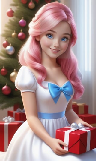 Super realistic 8K UHD image (((Masterpiece))), (((Best quality))), ((ultra definition)), of a beautiful and smiling 3d Disney girl, blue eyes. pink hair. little white dress, opening Christmas presents next to the tree in the living room, 1 excited girl, bright pretty face