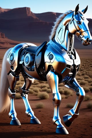 Super realistic image, NVIDIA RTX, super resolution, Unreal 5, Subsurface Dispersion, PBR Texturing, Post-processing, Maximum clarity and sharpness, Multi-layer textures, of (a realistic cyborg robot horse), full view mechanical body, neon blue eyes, (((horse shane gooseman cyborg robot, from Galaxy Rangers, intricate details))), (((in a wester setting)), (high quality, ultra-realistic scene, 8K RAW high definition)
