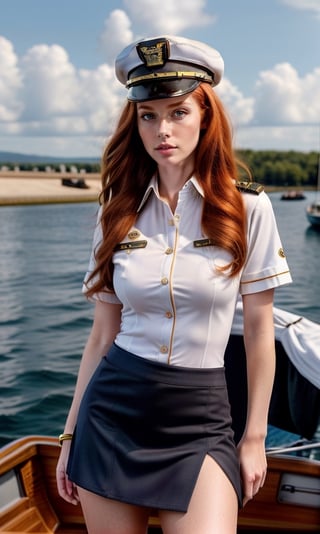 super realistic image, high quality uhd 8K, of 1 girl, detailed realistic ((slim body, high detailed)), (tall model), redhead, long ginger hair, high detailed realistic skin, ((boat captain uniform of shirt and miniskirt)), ((captain's cap)), real vivid colors, standing,uniform11