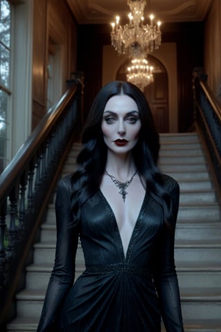 Photorealistic image ((Masterpiece)), ((High quality)) UHD 8K, of a woman Realistic, Morticia adams, Thin, tall, (pale skin, black lips), (Medium chest), (Skinny waist), (Hair long and dark), (Black eyes, black eye shadow), ((chandelier with lit candles in right hand)), ((long dress with black neckline, intricate details)), ultra-realistic full body, (on some stairs of a gloomy and somber mansion ), photo realistic, natural lighting, professional DSLR camera