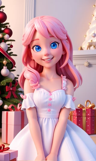 Super realistic 8K UHD image (((Masterpiece))), (((Best quality))), ((ultra definition)), of a beautiful and smiling 3d Disney girl, blue eyes. pink hair. little white dress, opening Christmas presents next to the tree in the living room, 1 excited girl, bright pretty face