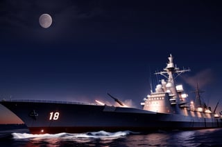 at night, battleship navy combat ship at sea, two three-gun turrets in front, one turret in the rear, anti-aircraft guns, moonlit, realistic photography, masterpiece, high quality UHD 8K, side_view