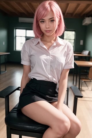 photo of annast0ck with shoulder height pink hair, wearing a school uniform, wandering on the school, happy face, slightly smiling,(masterpiece, best quality, high quality), hyperdetailed, highres, intricate detail, HDR, 8k, sharp focus, detailed background, perfect hands, realistic eyes, detailed skin texture, (blush:0.5), (goosebumps:0.5), subsurface scattering, close_up_shot, black eyes, sitting on chair, exposed thighs, exposed shoulders, hands behind back, full body, legs crossed