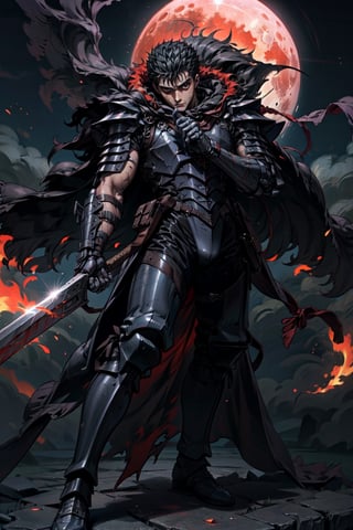 1boy, high detailed full body wide shot of guts \(berserk\) in his black Berserker Armor from the manga by Kentaro Miura, swinging a giant buster sword that is twice his size, left arm is armored and mechanical with a hidden weapon hi-tech, scar, scar on nose, weapon on back, cape (8k, ultra-best quality, masterpiece: 1.2), ultra-detailed, best shadow, detailed hand, hyper-realistic portraits, (detailed background), glowing right eye. Godhand red behelit. Set him against a background of an Eclipse Blood Moon in raging fire with black flames dancing in the backdrop, creating a hellish inferno-like atmosphere. ((Perfect face)), ((perfect hands)), ((perfect body)), one eye closed