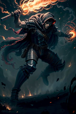 1man, solo high detailed full body wide shot of guts \(berserk\) in his black Berserker Armor from the manga by Kentaro Miura, swinging a giant buster sword that is twice his size, left arm is armored and mechanical with a hidden weapon hi-tech, scar, scar on nose, weapon on back, cape with hood, (8k, ultra-best quality, masterpiece: 1.2), ultra-detailed, best shadow, detailed hand, hyper-realistic portraits, (detailed background), glowing right eye. Godhand red behelit. Set him against a background of an Eclipse Blood Moon in raging fire with black flames dancing in the backdrop, creating a hellish inferno-like atmosphere. ((Perfect face)), ((perfect hands)), ((perfect body)), one eye closed