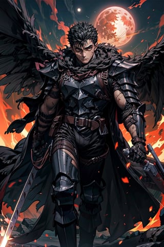 1boy, high detailed full body wide shot of "Guts" in his Berserker Armor from the manga by Kentaro Miura, swinging a giant buster sword that is twice his size, left arm is armored black in color and mechanical with a hidden weapon hi-tech, scar, scar on nose, weapon on back (8k, ultra-best quality, masterpiece: 1.2), ultra-detailed, best shadow, detailed hand, hyper-realistic portraits, (detailed background), glowing right eye. Godhand. Eclipse blood moon. Set him against a background of an eclipse in raging fire with black flames dancing in the backdrop, creating an inferno-like atmosphere. ((Perfect face)), ((perfect hands)), ((perfect body)), guts \(berserk\), one eye closed