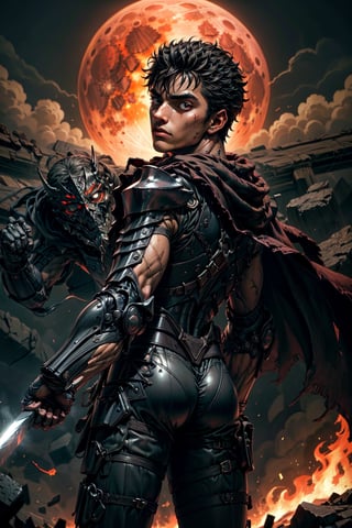 high detailed full body wide shot of 1boy guts \(berserk\) in his black Berserker Armor from the manga by Kentaro Miura, swinging a giant buster sword that is twice his size, left arm is armored and mechanical with a hidden weapon hi-tech, scar, scar on nose, weapon on back, cape (8k, ultra-best quality, masterpiece: 1.2), ultra-detailed, best shadow, detailed hand, hyper-realistic portraits, (detailed background), glowing right eye. Godhand red behelit. Set against a background of an Eclipse Blood Moon in raging fire with black flames dancing in the backdrop, creating a hellish inferno-like atmosphere. ((Perfect face)), ((perfect hands)), ((perfect body)), one eye closed