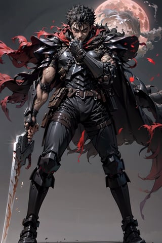 1boy, high detailed full body wide shot of guts \(berserk\) in his black Berserker Armor from the manga by Kentaro Miura, swinging a giant buster sword that is twice his size, left arm is armored and mechanical with a hidden weapon hi-tech, scar, scar on nose, weapon on back, cape (8k, ultra-best quality, masterpiece: 1.2), ultra-detailed, best shadow, detailed hand, hyper-realistic portraits, (detailed background), glowing right eye. Godhand red behelit. Set him against a background of an Eclipse Blood Moon in raging fire with black flames dancing in the backdrop, creating a hellish inferno-like atmosphere. ((Perfect face)), ((perfect hands)), ((perfect body)), one eye closed