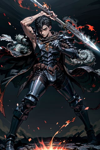 1boy, high detailed full body wide shot of "Guts" in his Berserker Armor from the manga by Kentaro Miura, swinging a giant (buster sword) that is twice his size, left arm is armored black in color and mechanical with a hidden weapon hi-tech, scar, scar on nose, weapon on back (8k, ultra-best quality, masterpiece: 1.2), ultra-detailed, best shadow, detailed hand, hyper-realistic portraits, (detailed background), glowing right eye. Godhand. Set him against a background of an eclipse in raging fire with black flames dancing in the backdrop, creating an inferno-like atmosphere. ((Perfect face)), ((perfect hands)), ((perfect body)), guts \(berserk\), one eye closed
