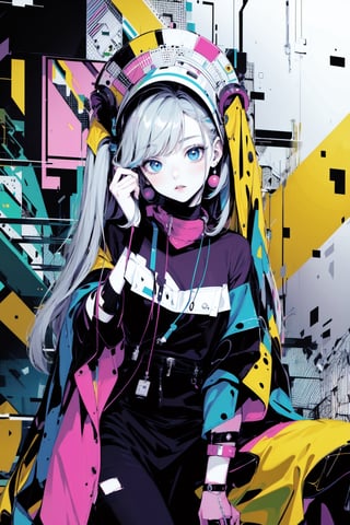 (masterpiece, top quality, best quality, official art, beautiful and aesthetic:1.2), (1girl:1.3), (glitch art:1.2), (bzillust), poping colors, (digital distortion), distortion effect:1.4, pixelated fragments, data corruption:1.2, colorful noise:1.4, visual chaos,contemporary aesthetics, sitting, latex skirt:1.2,anime,Manga Background, colourful