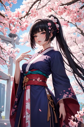 (masterpiece, top quality, best quality, official art, beautiful and aesthetic:1.2), (1girl), extreme detailed,(fractal art:1.3),colorful,highest detailed,ppcp,r1ge, sakura, cherry_blossoms, pink kimono,Animé, sakura, kimono