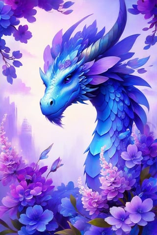  draco_fantasy, (oil painting style:1.4), flowers, A dragon adorned with blossoming blue flowers, symbolizing a blend of power and elegance, purple theme