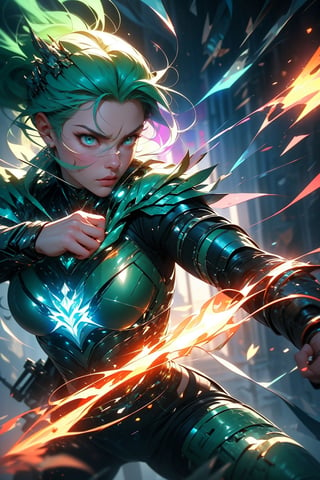 ((green theme)), Design a concept of a mechanical warrior in a dynamic fighting stance, ready to unleash an epic final move. Focus on intricate details, such as the nanotech circuit boards seamlessly integrated into the armor, emitting a heightened glow as the warrior powers up. Capture the intensity of the moment with dynamic lines and motion, portraying the warrior's limbs flexed and ready for action. Incorporate advanced weaponry or energy-emitting hands, symbolizing the impending powerful attack. Explore the use of nature-inspired patterns like leaves and vines in the armor design, and showcase dynamic foliage-inspired camouflage adapting to the intensity of the battle. Consider adding solar panels subtly integrated into the design, glowing with increased energy output. The goal is to create a visually captivating concept that conveys the harmonious fusion of advanced technology and nature in the midst of an epic final move,glowing