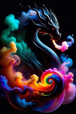 draco_fantasy, swirling dragon, black background, wavy, vibrant colours, simple background, (Mysterious and magical), colourful smoke and clouds