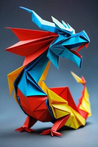 A majestic dragon, origami:1.2, grey background, full body, simple background, draco_fantasy