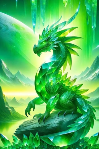 A majestic dragon, crystalline dragon, green crystals, surrounded by crystalline formations, stands in a mystical landscape under a celestial sky, green theme, draco_fantasy