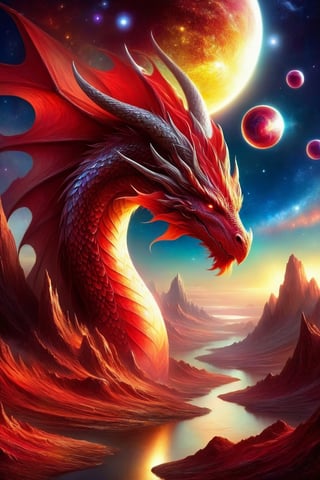 draco_fantasy, (mystic dragon:1.5), red dragon, orbs, (sky), cosmic background, fantasy, stands in a mystical landscape under a celestial sky