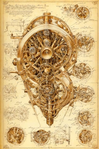 Leonardo DaVinci's art style on the theme of Gaggia Orione Motorcycle Specs and parts on the style of Technical drawing and isometric views, golden ratio,6000,Magical Fantasy style