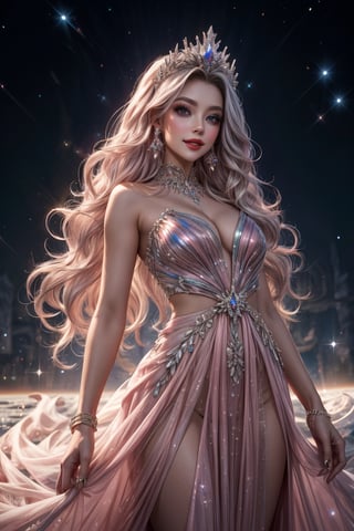 The ultimate space princess is a sight to behold, her flowing gown shimmers with ethereal hues of deep pink and silver, adorned with intricate lacework and embellished with sparkling gemstones. Her long hair cascades in iridescent waves, framing a face that radiates pure beauty and grace. resulting in a breathtaking masterpiece that leaves the viewer in awe.light smile,straight-on,