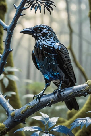 (Raw Photo:1.3) of (Ultra detailed:1.4) , (monster) 3d model of a glass Raven pearched on a branch in a forest , in the style of translucent layers, Blacks, blues, silvers, shohei otomo, selective focus, made of plastic, baroque animals, macro lens