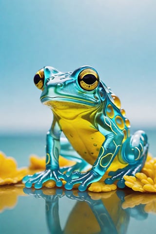 (Raw Photo:1.3) of (Ultra detailed:1.3) , (monster) 3d model of a glass frog in a beautiful turquoise ocean, in the style of translucent layers, blues, yellows, silvers, shohei otomo, selective focus, made of plastic, baroque animals, macro lens
