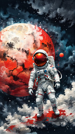 A detailed illustration muted chinese ink painting, muted colors, rice paper texture, splash paint, halo astronaut, one red sun. Venus. Space. Clouds wet to wet techniques. cvibrant vector. using Cinema 4D