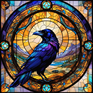 wallpaper of an image of a Raven on a stained glass window, in the style of colorful moebius, light amber, i can't believe how beautiful this is, elaborate landscapes, datamosh, expansive, hurufiyya