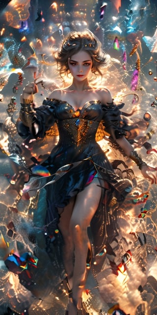 Ultrawide shot Illustration, a captivating image of a beautiful woman wielding magic in a spellbinding display. Showcase her power and grace as she manipulates magical forces, creating an image that radiates elegance and mystique,DonMDj1nnM4g1cXL , ((perfect face, perfect eyes, perfect hands, perfect body, perfect legs,)), ((best_highly_detailed_image)), 
