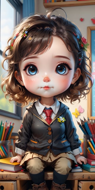 Create an adorable and super realistic 4K Ultra HDR image of a cute chibi-style Teacher. This masterpiece should portray a character that's both super cute and incredibly detailed, offering a delightful blend of charm and high-quality artistic realism.