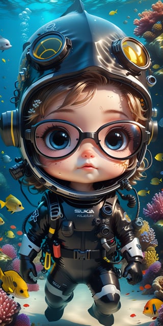 Create an adorable and super realistic 4K Ultra HDR image of a cute chibi-style Scuba Driver. This masterpiece should portray a character that's both super cute and incredibly detailed, offering a delightful blend of charm and high-quality artistic realism.
