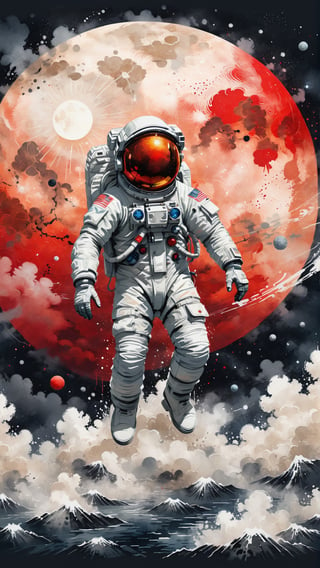 A detailed illustration muted chinese ink painting, muted colors, rice paper texture, splash paint, halo astronaut, one red sun. Venus. Space. Clouds wet to wet techniques. cvibrant vector. using Cinema 4D