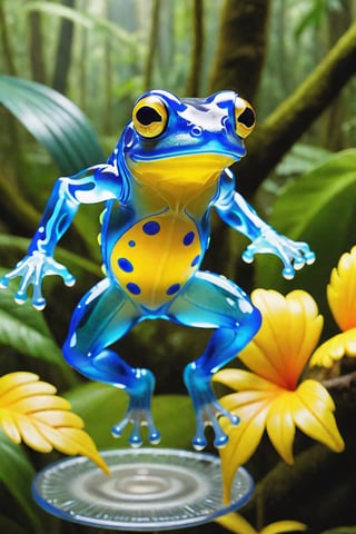 (Raw Photo:1.3) of (Ultra detailed:1.3) , (monster) 3d model of a glass frog jumping in a beautiful tropical forest, in the style of translucent layers, blues, yellows, silvers, shohei otomo, selective focus, made of plastic, baroque animals, macro lens