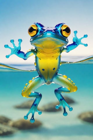 (Raw Photo:1.3) of (Ultra detailed:1.3) , (monster) 3d model of a glass frog jumping in a beautiful turquoise ocean, in the style of translucent layers, blues, yellows, silvers, shohei otomo, selective focus, made of plastic, baroque animals, macro lens