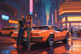 A sultry sunset in Vice City's neon-lit streets, with the boy and girl leaning on the hood of a sleek sports car. The warm orange hues cast long shadows across the bustling cityscape, as the dynamic duo poses confidently, arms wrapped around each other. The city's vibrant atmosphere is palpable, with towering skyscrapers, billboards, and neon lights reflecting off the wet pavement. In the distance, a helicopter whisks by, while pedestrians and traffic fill the streets. The car's gleaming finish and the pair's stylish attire radiate coolness, set against a backdrop of urban energy and excitement.