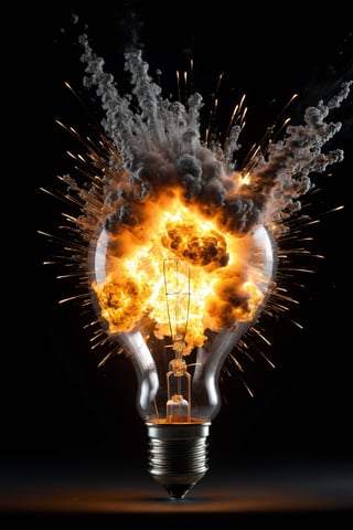(A lit tungsten bulb explodes violently from within:1.8), in the midst of the absolute darkness in which it floats, surrounded by wisps of smoke., intricate design, photorealistic, hyper-realistic, high definition, extremely detailed, cinematic, UHD, HDR, 32k, ultra hd, realistic, dark muted tones, highly detailed, perfect composition, beautiful intricate detailing incredibly detailed octane rendering, trending on artstation,DonMn1ghtm4reXL,Explosion Artstyle